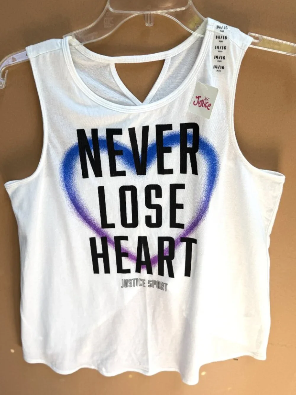 NWT Girls Justice Tank Top NEVER LOSE HEART-JUSTICE SPORT Size 14/16 Plus